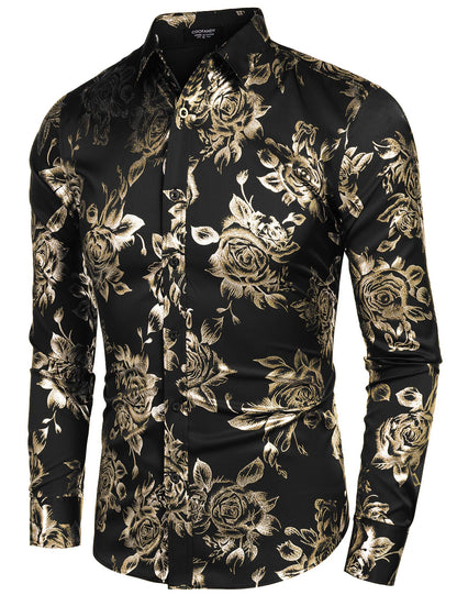 COOFANDY Men's Rose Shiny Shirt Luxury Flowered Printed Button Down Shirt