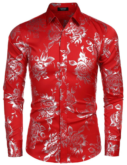 COOFANDY Men's Rose Shiny Shirt Luxury Flowered Printed Button Down Shirt