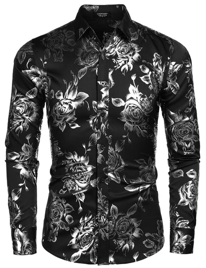 COOFANDY Men's Rose Shiny Shirt Luxury Flowered Printed Button Down Shirt