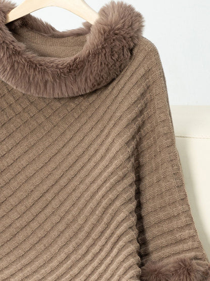 Fuzzy Trim Texture Three-Quarter Sleeve Poncho-****STILL AVAILABLE EMAIL SELLER WITH SIZE & COLOR****
