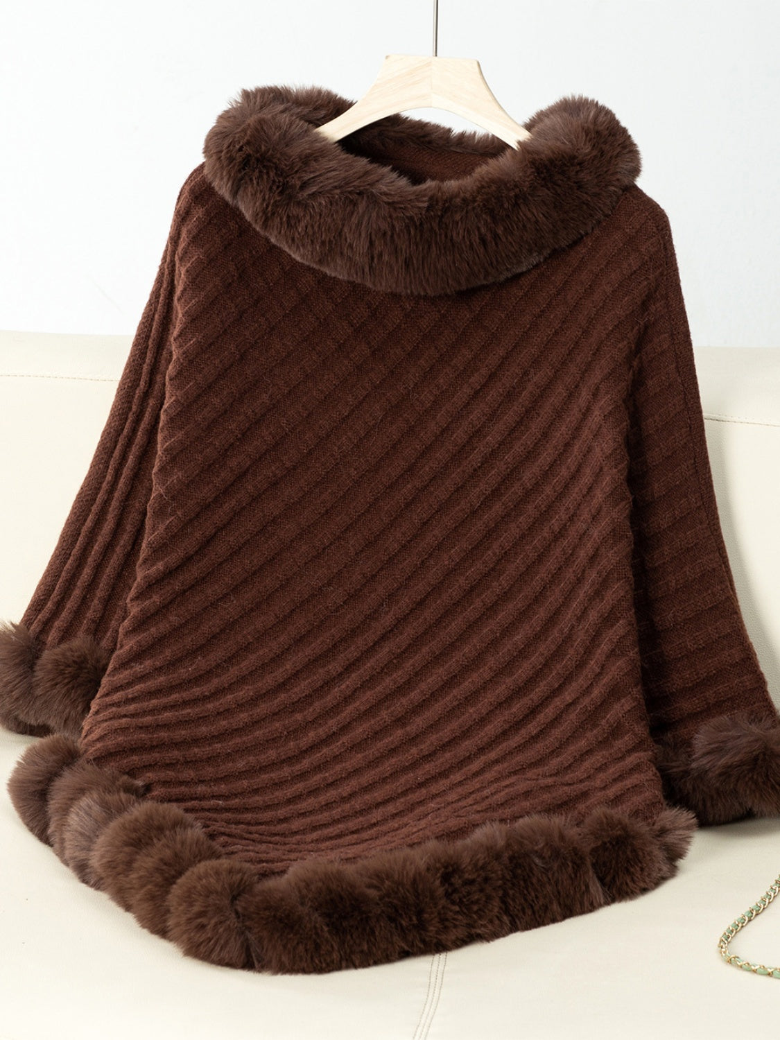 Fuzzy Trim Texture Three-Quarter Sleeve Poncho-****STILL AVAILABLE EMAIL SELLER WITH SIZE & COLOR****