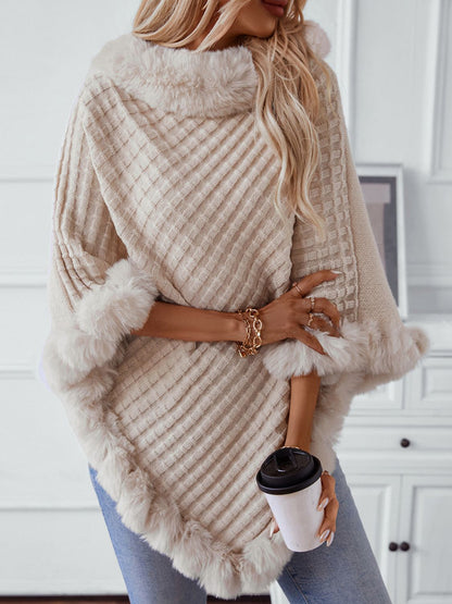 Fuzzy Trim Texture Three-Quarter Sleeve Poncho-****STILL AVAILABLE EMAIL SELLER WITH SIZE & COLOR****