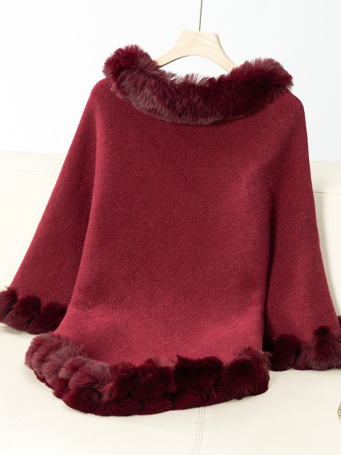 Fuzzy Trim Texture Three-Quarter Sleeve Poncho-****STILL AVAILABLE EMAIL SELLER WITH SIZE & COLOR****