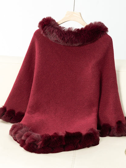 Fuzzy Trim Texture Three-Quarter Sleeve Poncho-****STILL AVAILABLE EMAIL SELLER WITH SIZE & COLOR****
