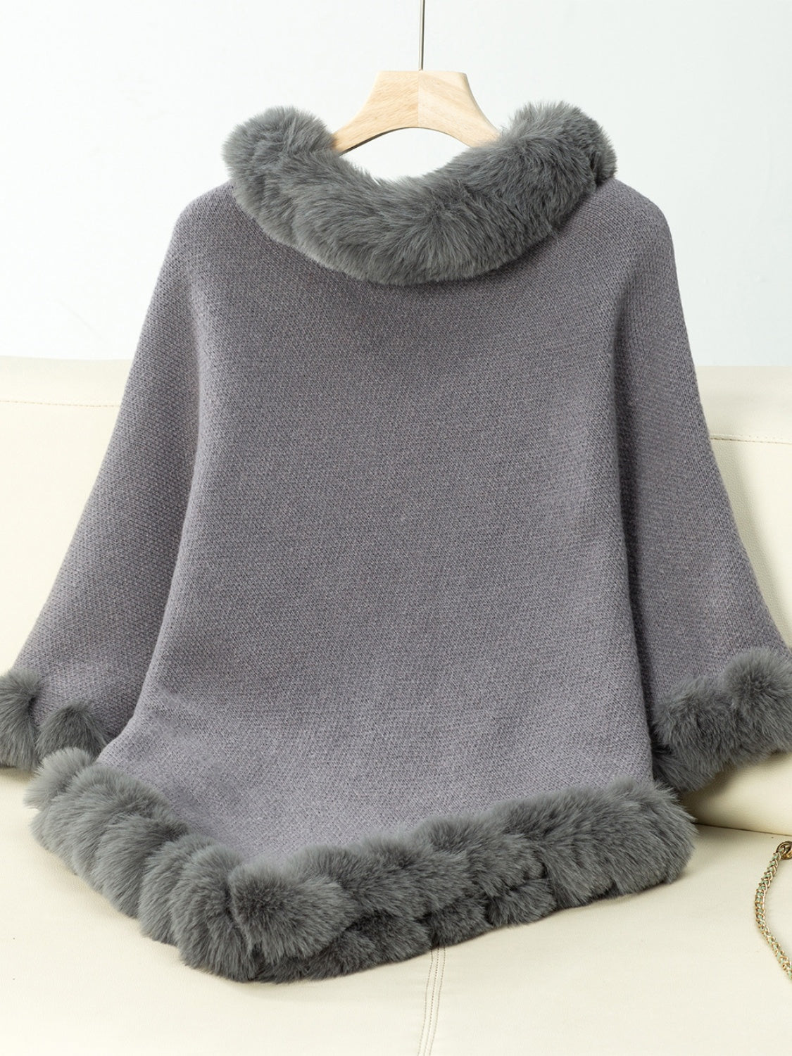 Fuzzy Trim Texture Three-Quarter Sleeve Poncho-****STILL AVAILABLE EMAIL SELLER WITH SIZE & COLOR****