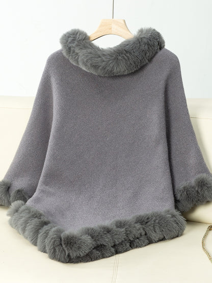 Fuzzy Trim Texture Three-Quarter Sleeve Poncho-****STILL AVAILABLE EMAIL SELLER WITH SIZE & COLOR****