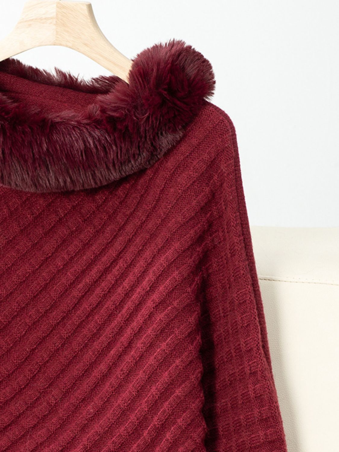 Fuzzy Trim Texture Three-Quarter Sleeve Poncho-****STILL AVAILABLE EMAIL SELLER WITH SIZE & COLOR****